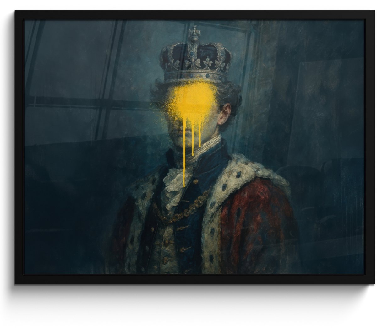 FrameYourWall Poster in lijst - Fotolijst 70x50 cm - Posters - Koning - Portret - Druipende gele verf - Posterlijst zwart - Decoratie - Wanddecoratie woonkamer - Muurdecoratie slaapkamer Koning - Portret - Verf