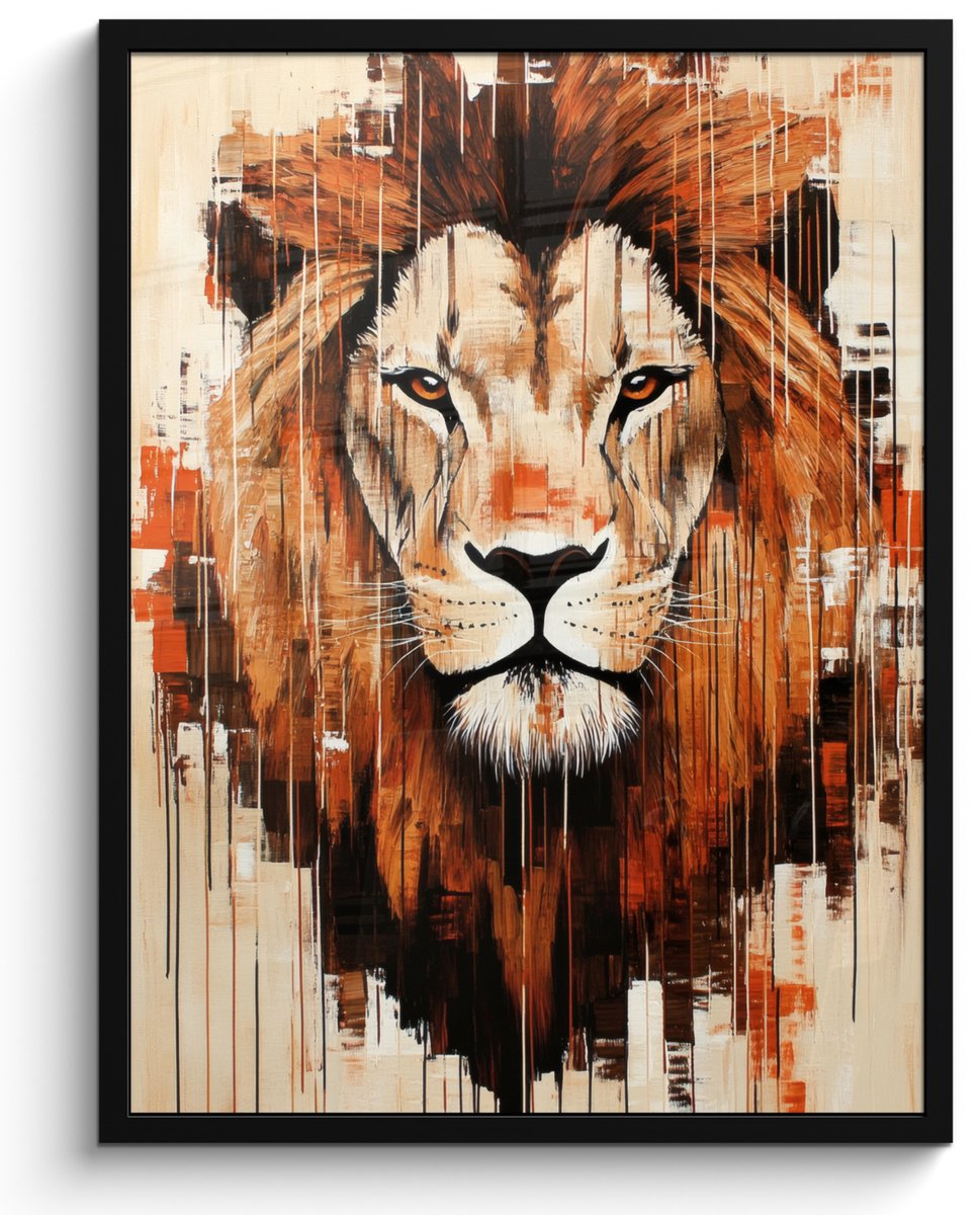 FrameYourWall Poster in lijst - Fotolijst 50x70 cm - Posters - Leeuwenkop - Lijnen - Crème - Posterlijst zwart - Decoratie - Wanddecoratie woonkamer - Muurdecoratie slaapkamer