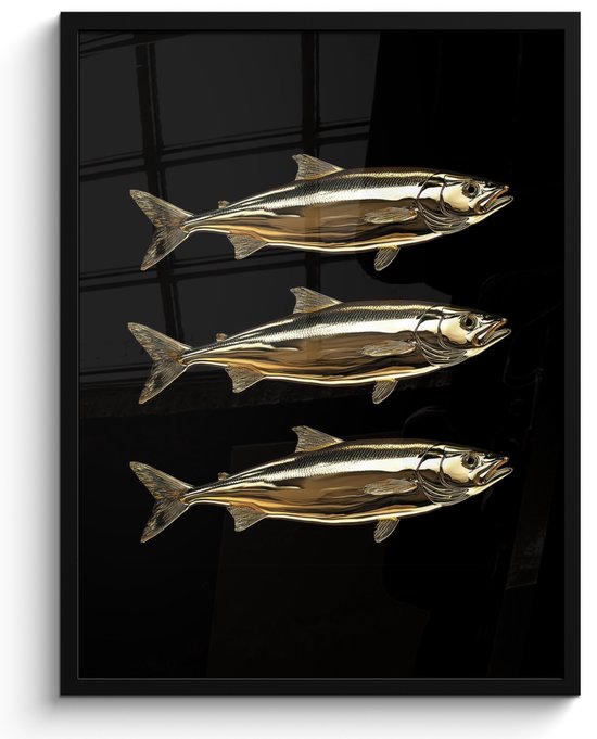 Poster in lijst - Fotolijst 50x70 cm - Posters - Vissen - Goud - Zwart - Posterlijst zwart - Decoratie - Wanddecoratie woonkamer - Muurdecoratie slaapkamer