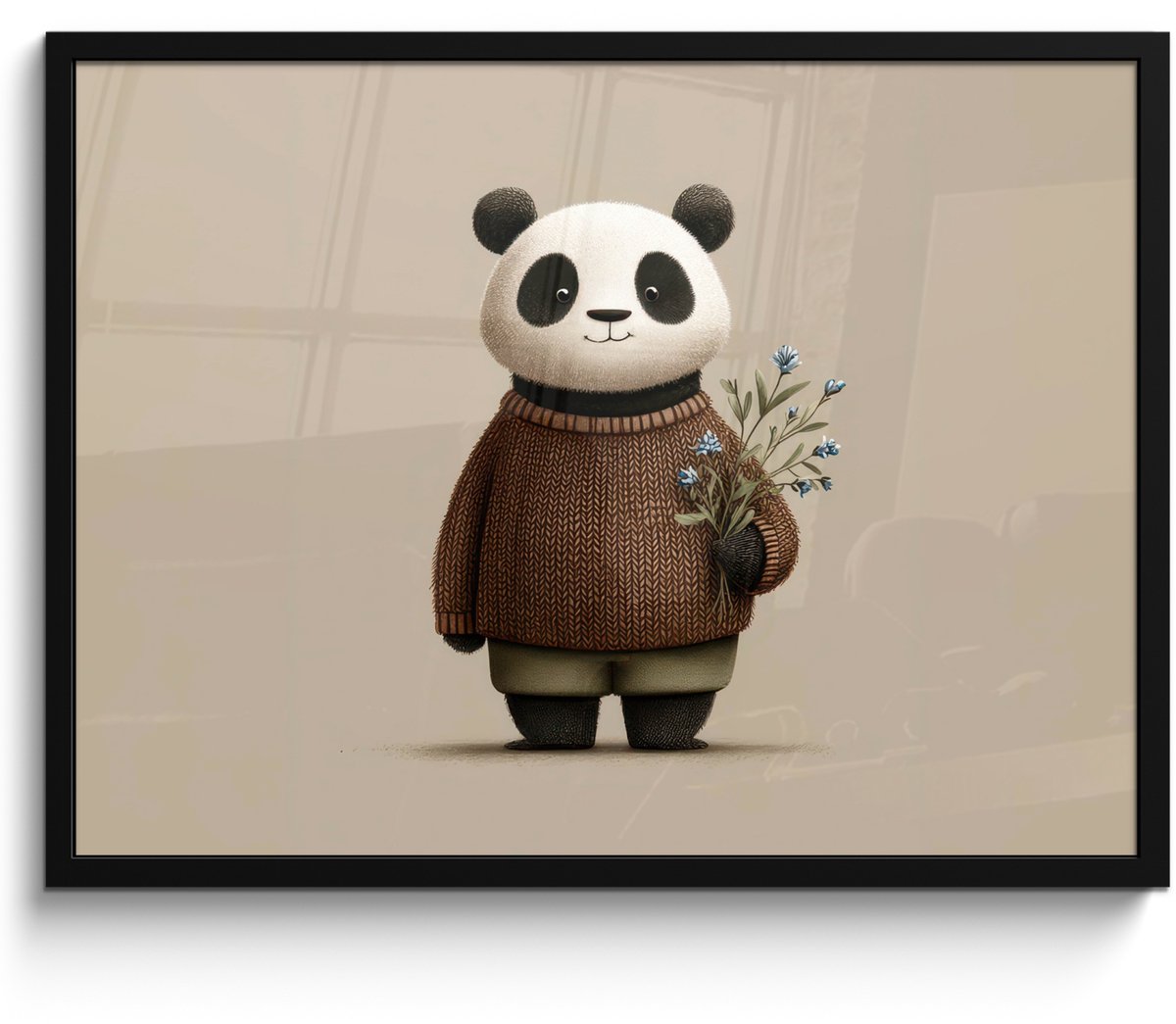 FrameYourWall Poster in lijst - Fotolijst 70x50 cm - Posters - Panda - Blauwe bloemen - Zachtheid - Posterlijst zwart - Decoratie - Wanddecoratie woonkamer - Muurdecoratie slaapkamer Panda - Bloemen