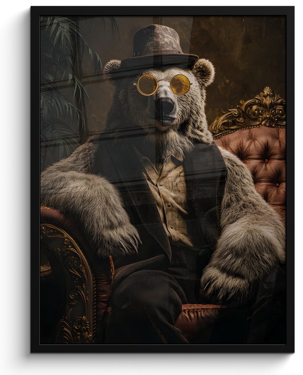FrameYourWall Poster in lijst - Fotolijst 50x70 cm - Posters - Ijsbeer - Hoed - Bril - Stoel - Posterlijst zwart - Decoratie - Wanddecoratie woonkamer - Muurdecoratie slaapkamer