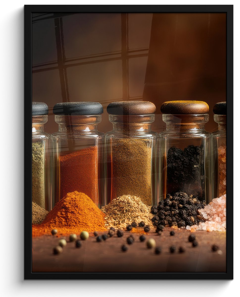 FrameYourWall Poster in lijst - Fotolijst 50x70 cm - Posters - Potjes - Kruiden - Specerijen - Korrels - Posterlijst zwart - Decoratie - Wanddecoratie woonkamer - Muurdecoratie slaapkamer