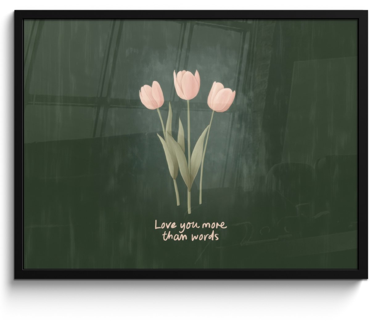 FrameYourWall Poster in lijst - Fotolijst 70x50 cm - Posters - Tulpen - Roze - Tekst - Love - Posterlijst zwart - Decoratie - Wanddecoratie woonkamer - Muurdecoratie slaapkamer Tulpen - Tekst