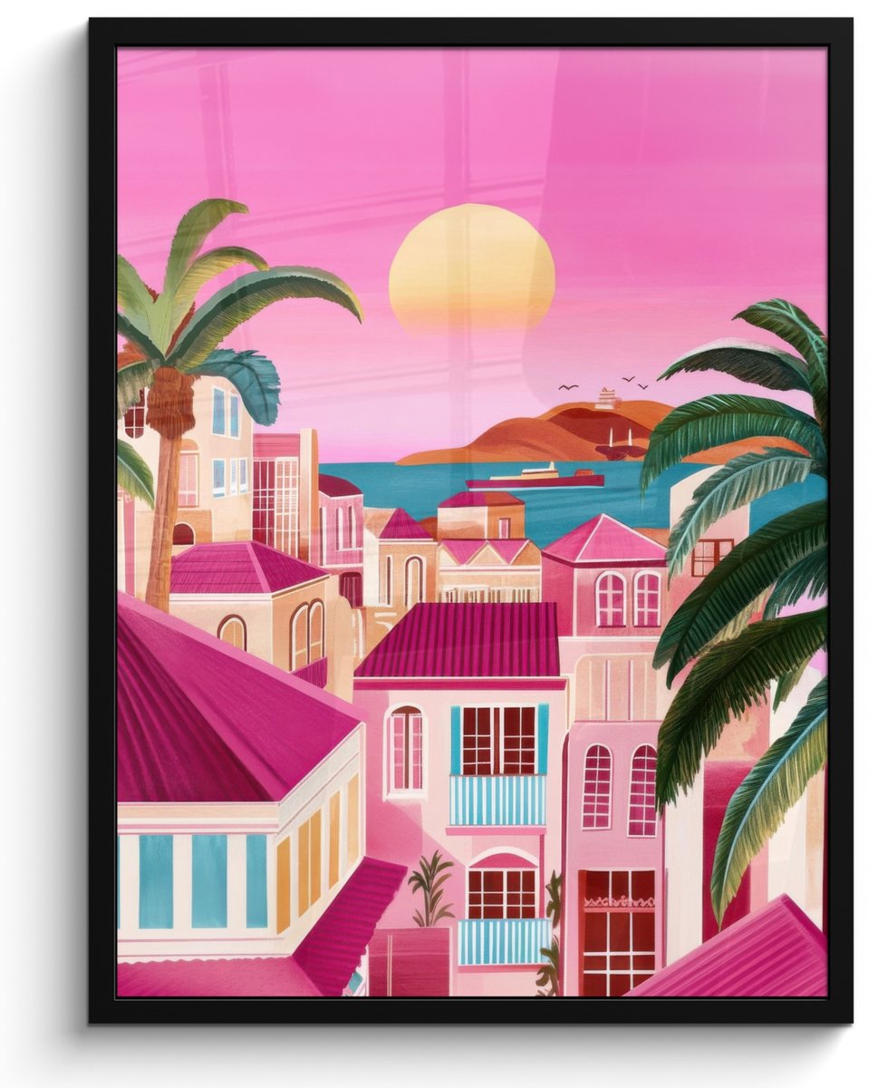 FrameYourWall Poster in lijst - Fotolijst 50x70 cm - Posters - Stad - Roze - Palmbomen - Posterlijst zwart - Decoratie - Wanddecoratie woonkamer - Muurdecoratie slaapkamer Stad - Zonsondergang