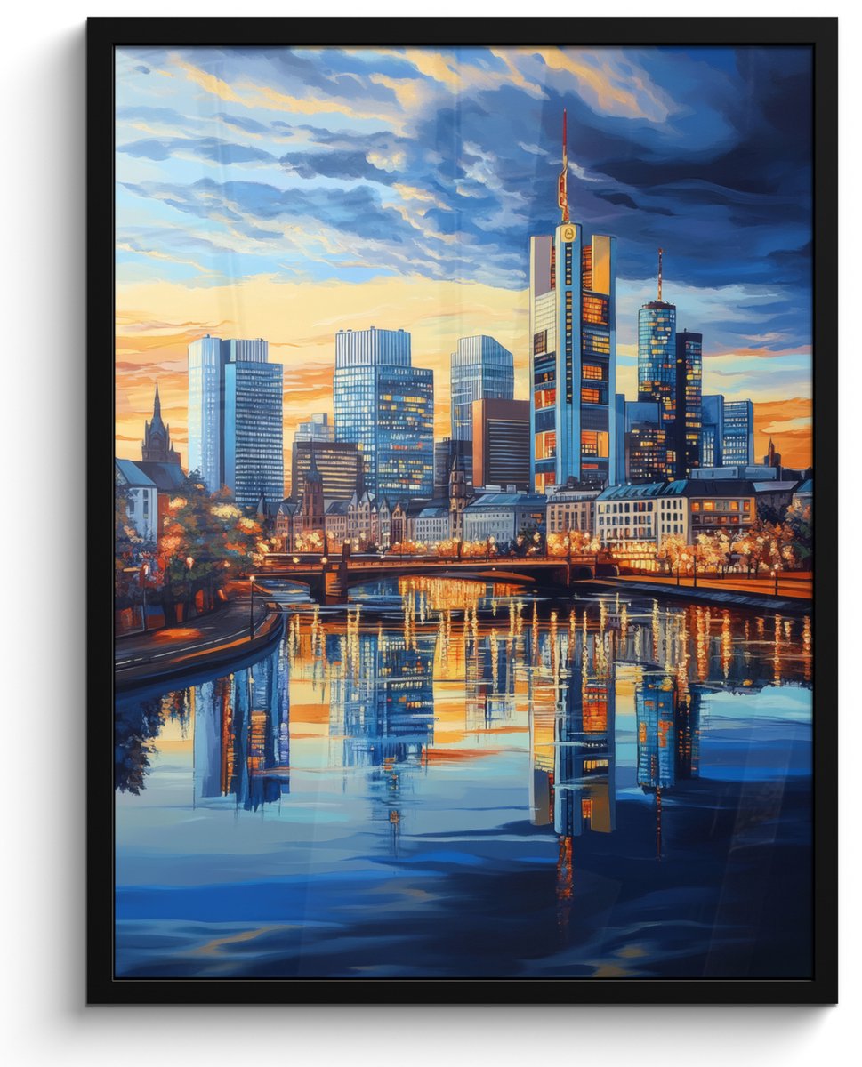 FrameYourWall Poster in lijst - Fotolijst 50x70 cm - Posters - Zonsondergang Frankfurt - Stad - Skyline - Water - Posterlijst zwart - Decoratie - Wanddecoratie woonkamer - Muurdecoratie slaapkamer Zonsondergang - Stad