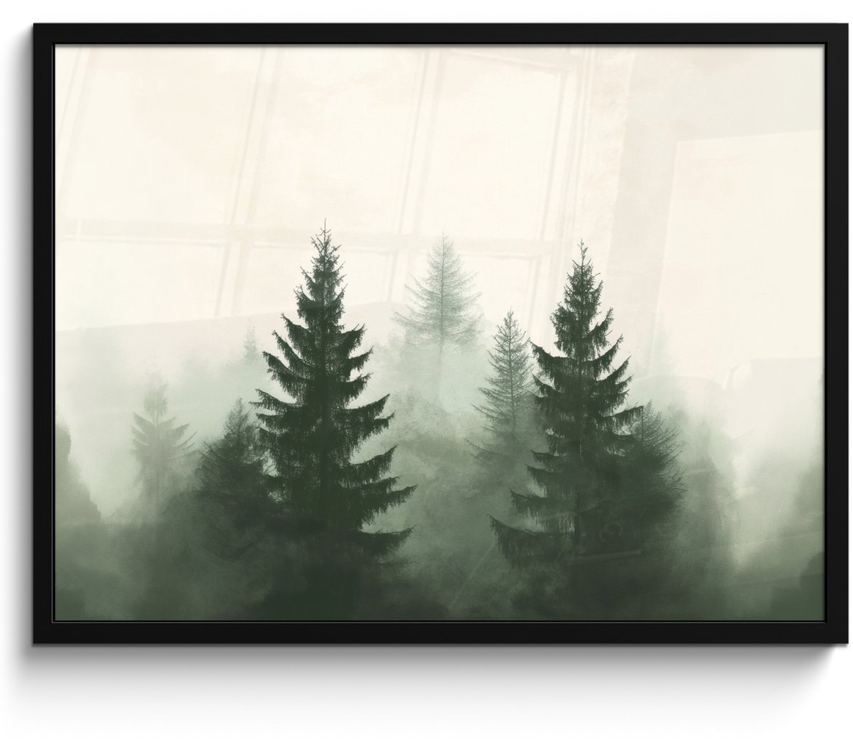 FrameYourWall Poster in lijst - Fotolijst 70x50 cm - Posters - Sparren - Bomen - Groen - Beige - Posterlijst zwart - Decoratie - Wanddecoratie woonkamer - Muurdecoratie slaapkamer Bomen - Mist