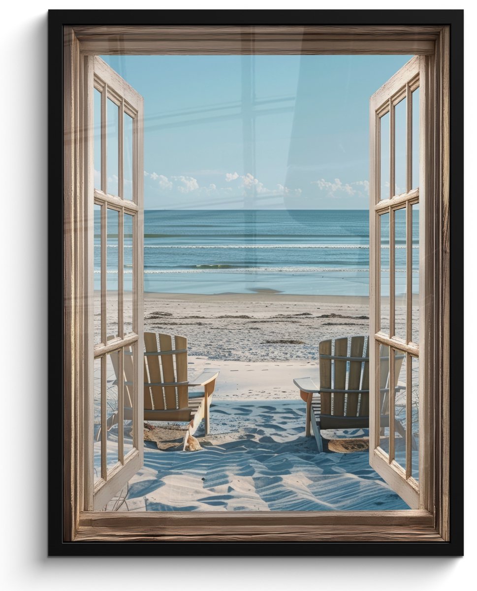 FrameYourWall Poster in lijst - Fotolijst 50x70 cm - Posters - Doorkijk - Strandstoelen - Duinen - Zee - Natuur - Posterlijst zwart - Decoratie - Wanddecoratie woonkamer - Muurdecoratie slaapkamer Strand - Stoelen