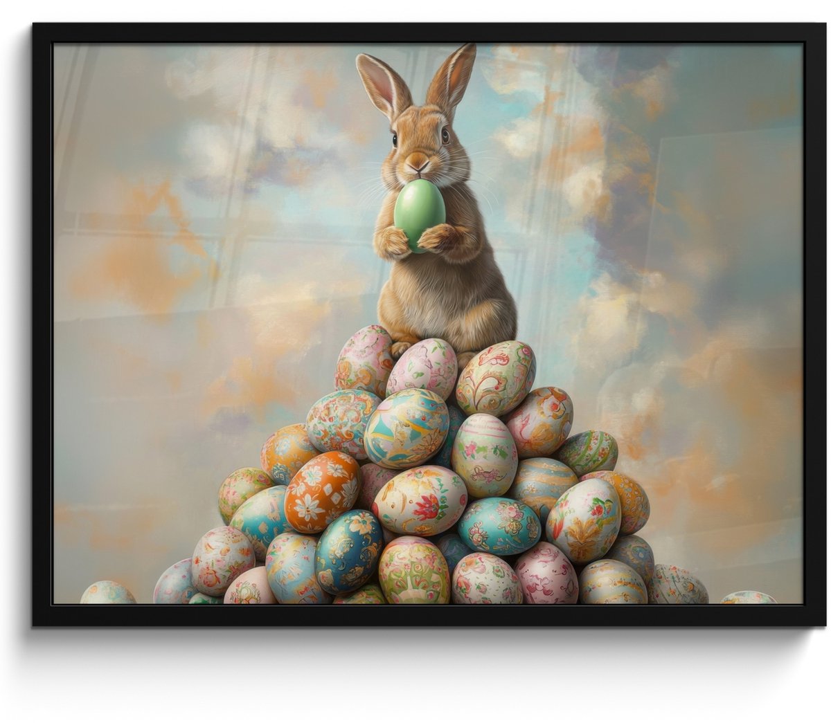 FrameYourWall Poster in lijst - Fotolijst 70x50 cm - Posters - Konijn - Eieren - Kleurrijk - Posterlijst zwart - Decoratie - Wanddecoratie woonkamer - Muurdecoratie slaapkamer Paashaas - Eieren