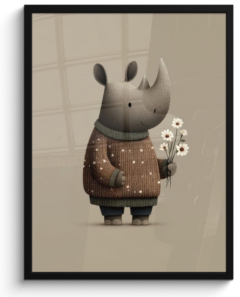 FrameYourWall Poster in lijst - Fotolijst 50x70 cm - Posters - Neushoorn - Witte bloemen - Lief - Posterlijst zwart - Decoratie - Wanddecoratie woonkamer - Muurdecoratie slaapkamer Neushoorn - Bloemen