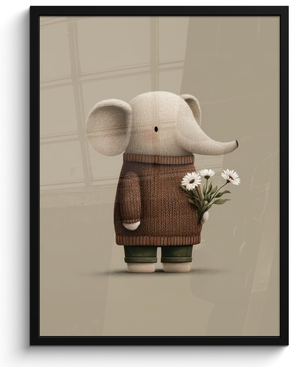 FrameYourWall Poster in lijst - Fotolijst 50x70 cm - Posters - Olifant - Witte bloemen - Kindvriendelijk - Posterlijst zwart - Decoratie - Wanddecoratie woonkamer - Muurdecoratie slaapkamer Olifant - Bloemen