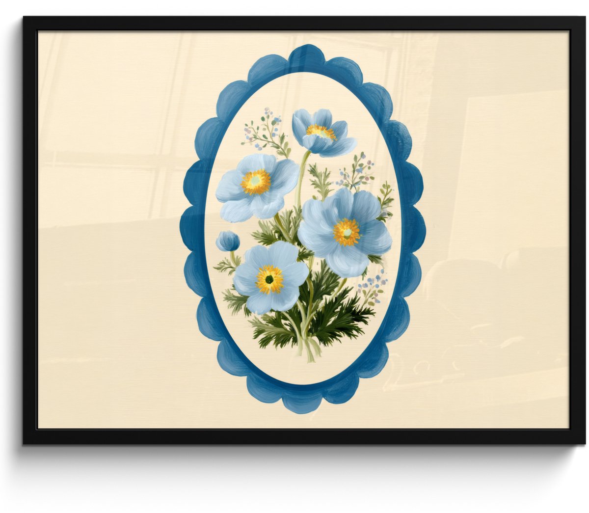 FrameYourWall Poster in lijst - Fotolijst 70x50 cm - Posters - Lijst - Bloemen - Lichtblauw - Illustratie - Posterlijst zwart - Decoratie - Wanddecoratie woonkamer - Muurdecoratie slaapkamer Boemen - Illustratie