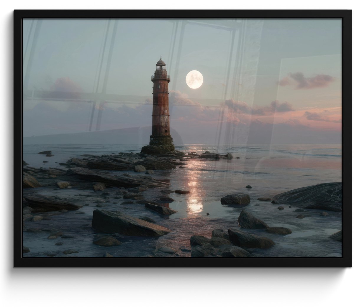 FrameYourWall Poster in lijst - Fotolijst 70x50 cm - Posters - Vuurtoren - Stenen - Water - Maan - Posterlijst zwart - Decoratie - Wanddecoratie woonkamer - Muurdecoratie slaapkamer Vuurtoren - Maan