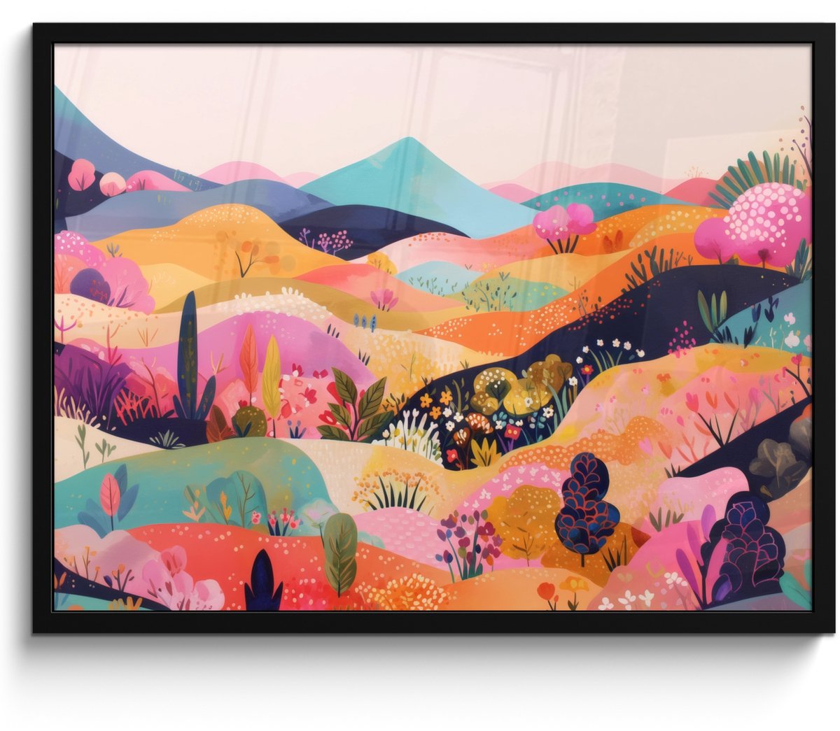 FrameYourWall Poster in lijst - Fotolijst 70x50 cm - Posters - Golvende heuvels - Abstracte planten - Dromerig - Posterlijst zwart - Decoratie - Wanddecoratie woonkamer - Muurdecoratie slaapkamer Heuvels - Kleurrijk