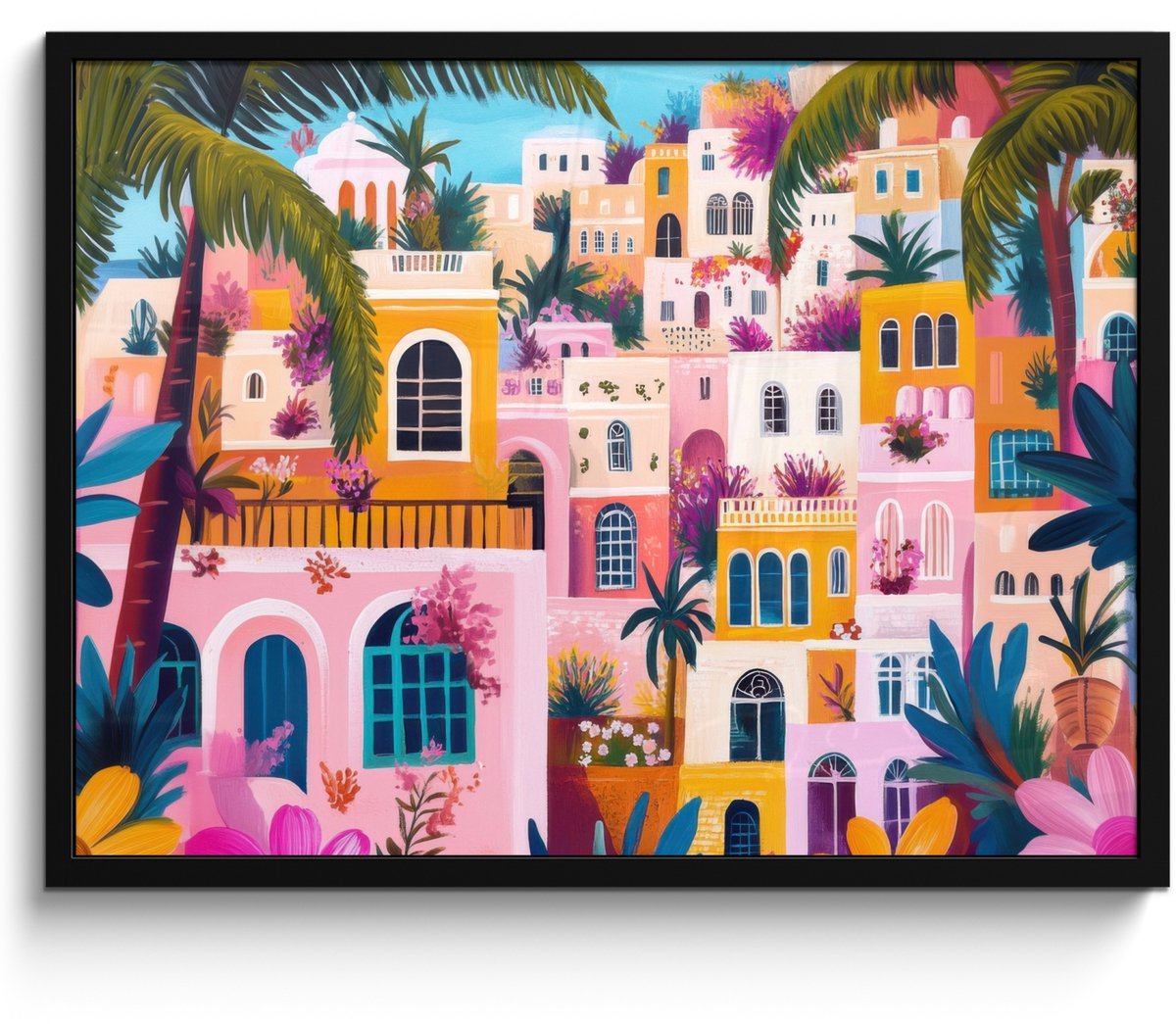 FrameYourWall Poster in lijst - Fotolijst 70x50 cm - Posters - Kleurrijk - Roze - Oranje - Geel - Bloemen - Posterlijst zwart - Decoratie - Wanddecoratie woonkamer - Muurdecoratie slaapkamer Stad - Kleurrijk
