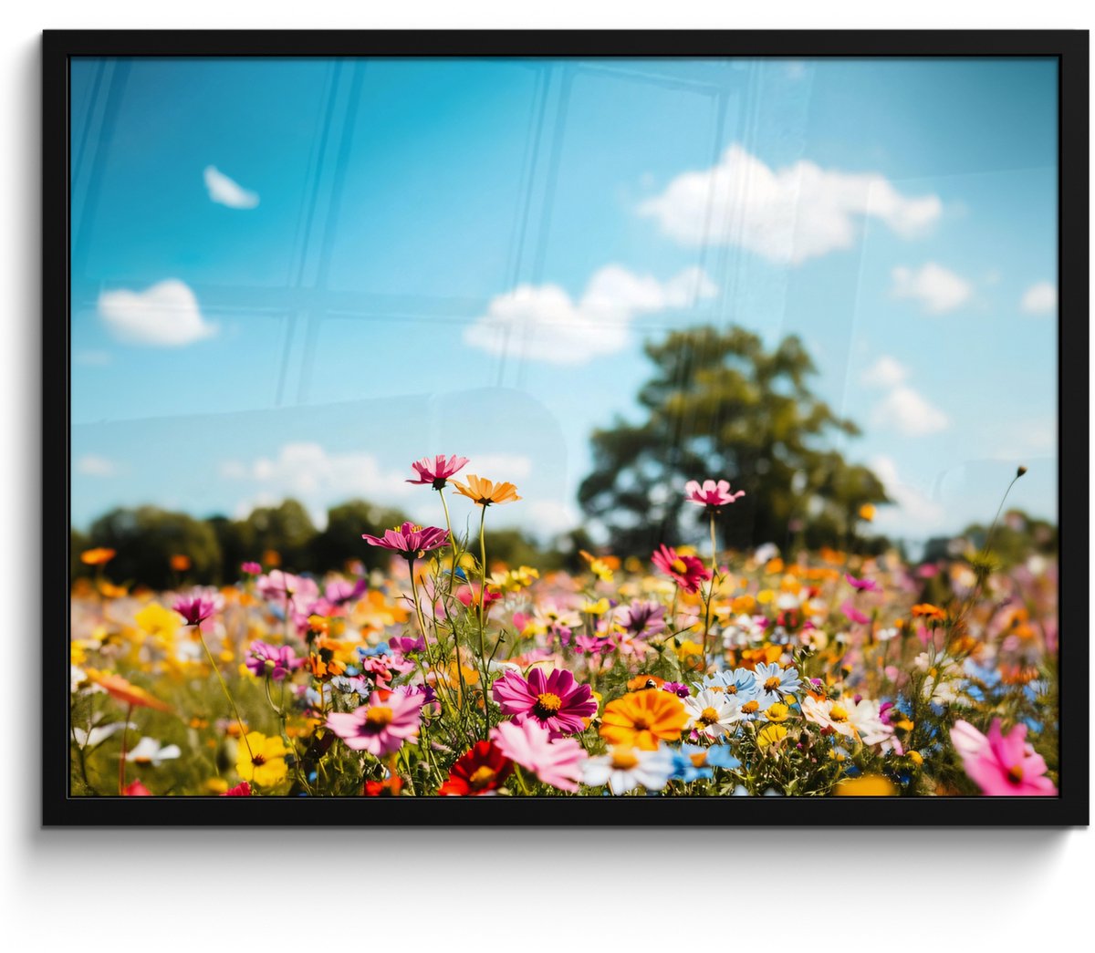 FrameYourWall Poster in lijst - Fotolijst 70x50 cm - Posters - Bloemenweide - Blauw - Lucht - Kleuren - Posterlijst zwart - Decoratie - Wanddecoratie woonkamer - Muurdecoratie slaapkamer Bloemenweide - Wolken