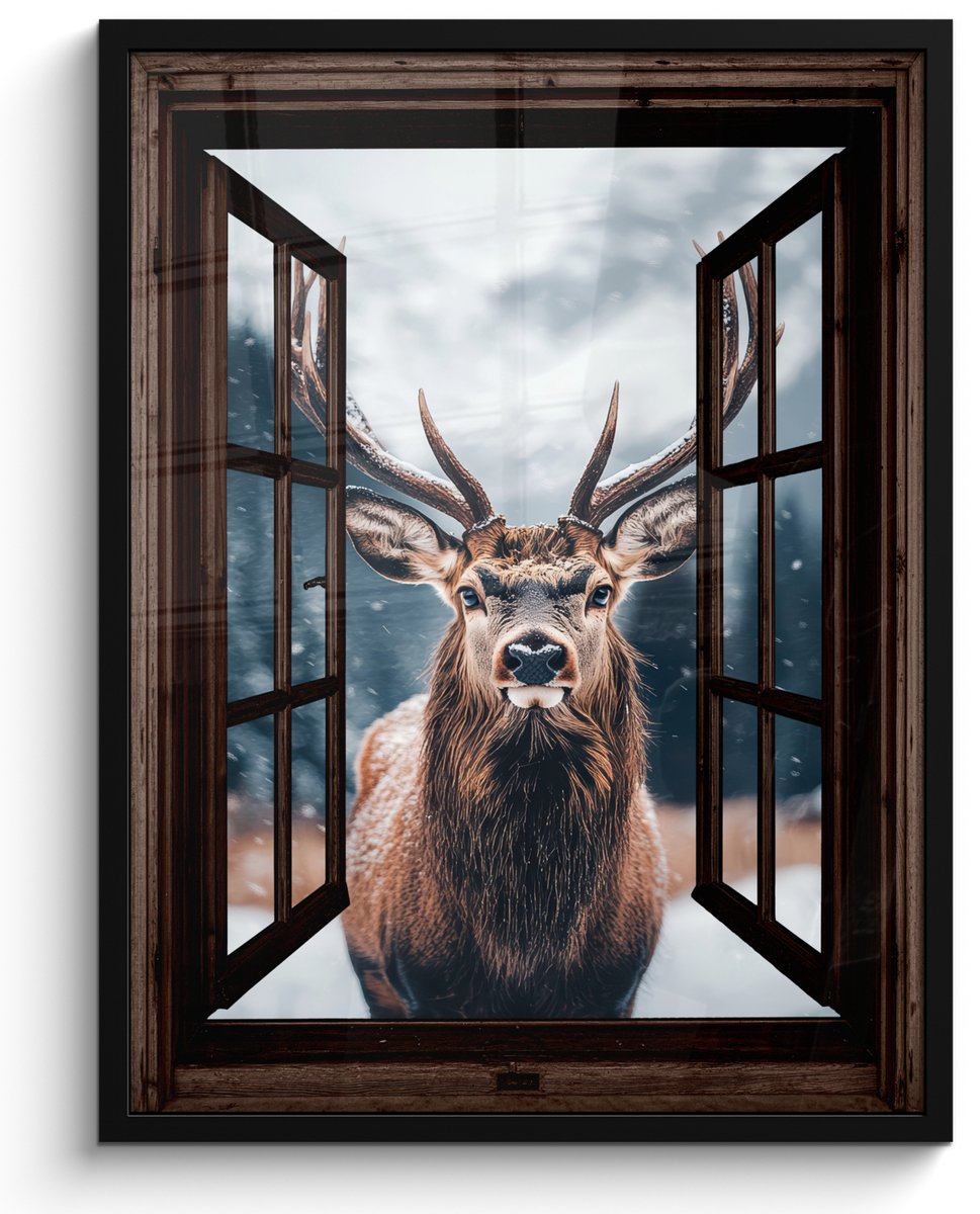 FrameYourWall Poster in lijst - Fotolijst 50x70 cm - Posters - Doorkijk - Hert - Dieren - Landschap - Winter - Sneeuw - Landelijk - Posterlijst zwart - Decoratie - Wanddecoratie woonkamer - Muurdecoratie slaapkamer