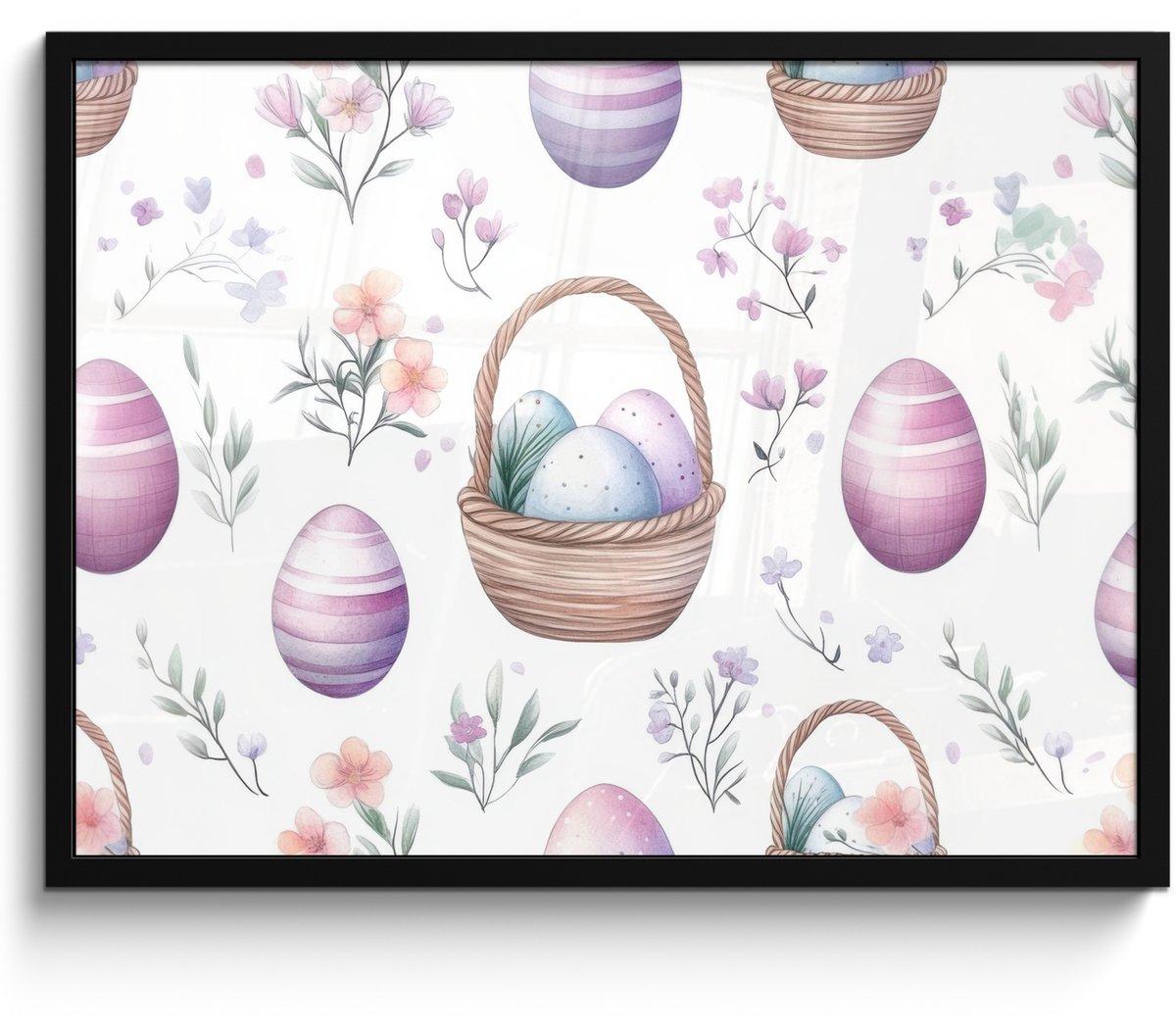 FrameYourWall Poster in lijst - Fotolijst 70x50 cm - Posters - Bloemen - Paaseieren - Patroon - Posterlijst zwart - Decoratie - Wanddecoratie woonkamer - Muurdecoratie slaapkamer Pasen