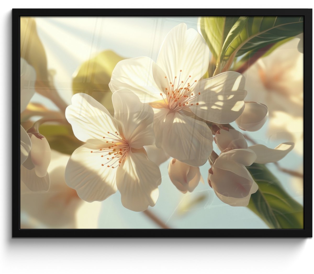 FrameYourWall Poster in lijst - Fotolijst 70x50 cm - Posters - Bloesems - Wit - Zonnestralen - Bloemblaadjes - Posterlijst zwart - Decoratie - Wanddecoratie woonkamer - Muurdecoratie slaapkamer