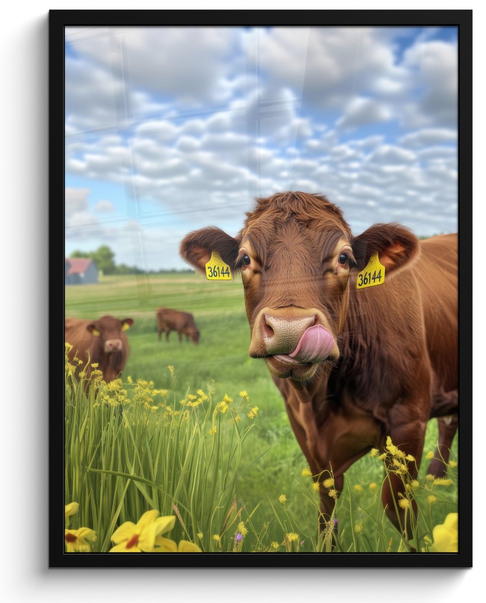 FrameYourWall Poster in lijst - Fotolijst 50x70 cm - Posters - Koe - Weide - Bloemen - Posterlijst zwart - Decoratie - Wanddecoratie woonkamer - Muurdecoratie slaapkamer Koe - Landschap