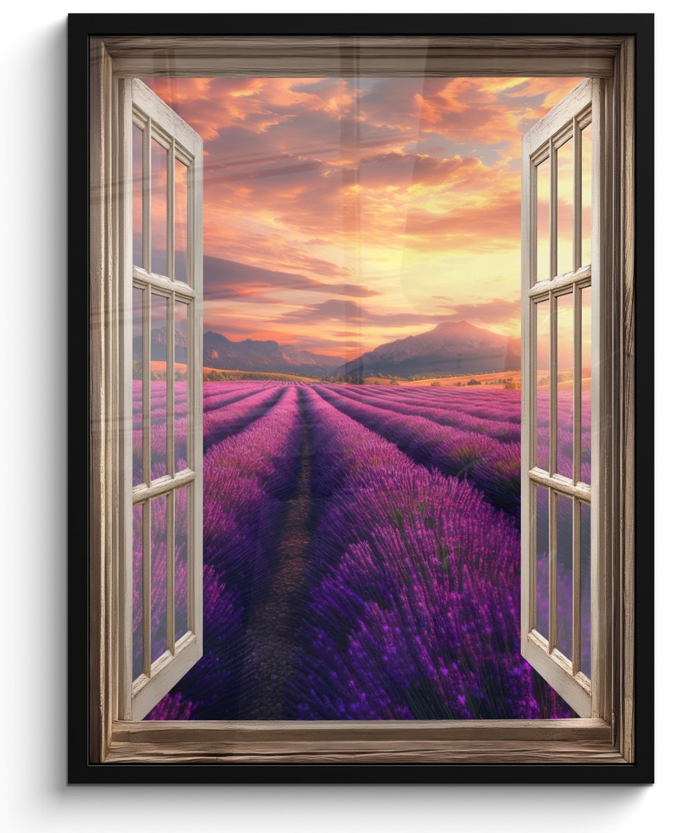 FrameYourWall Poster in lijst - Fotolijst 50x70 cm - Posters - Doorkijk - Lavendel - Landschap - Bloemen - Paars - Posterlijst zwart - Decoratie - Wanddecoratie woonkamer - Muurdecoratie slaapkamer