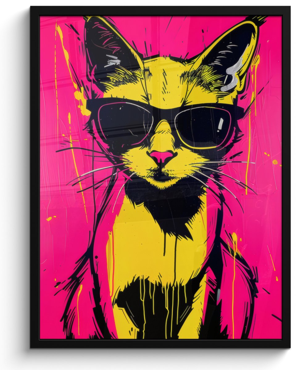FrameYourWall Poster in lijst - Fotolijst 50x70 cm - Posters - Kat - Art - Zonnebril - Roze - Posterlijst zwart - Decoratie - Wanddecoratie woonkamer - Muurdecoratie slaapkamer