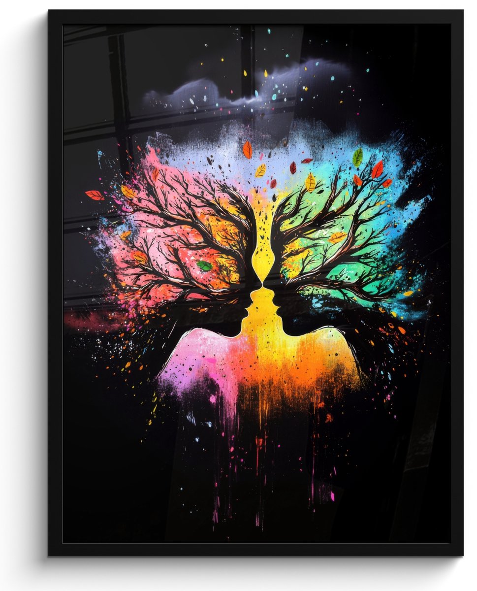 FrameYourWall Poster in lijst - Fotolijst 50x70 cm - Posters - Gezichten - Silhouetten - Kleurrijk - Takken - Posterlijst zwart - Decoratie - Wanddecoratie woonkamer - Muurdecoratie slaapkamer Gezichten - Silhouetten - Takken