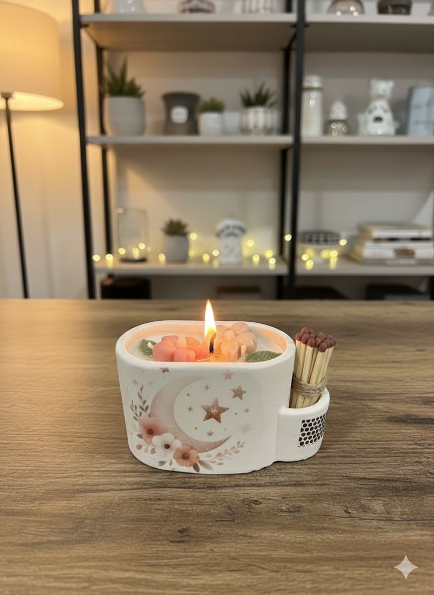 Lumen and Lux Candles Sfeervolle Kaars in Keramische Houder met Lucifers – Maan & Sterren Design wit - ivoor