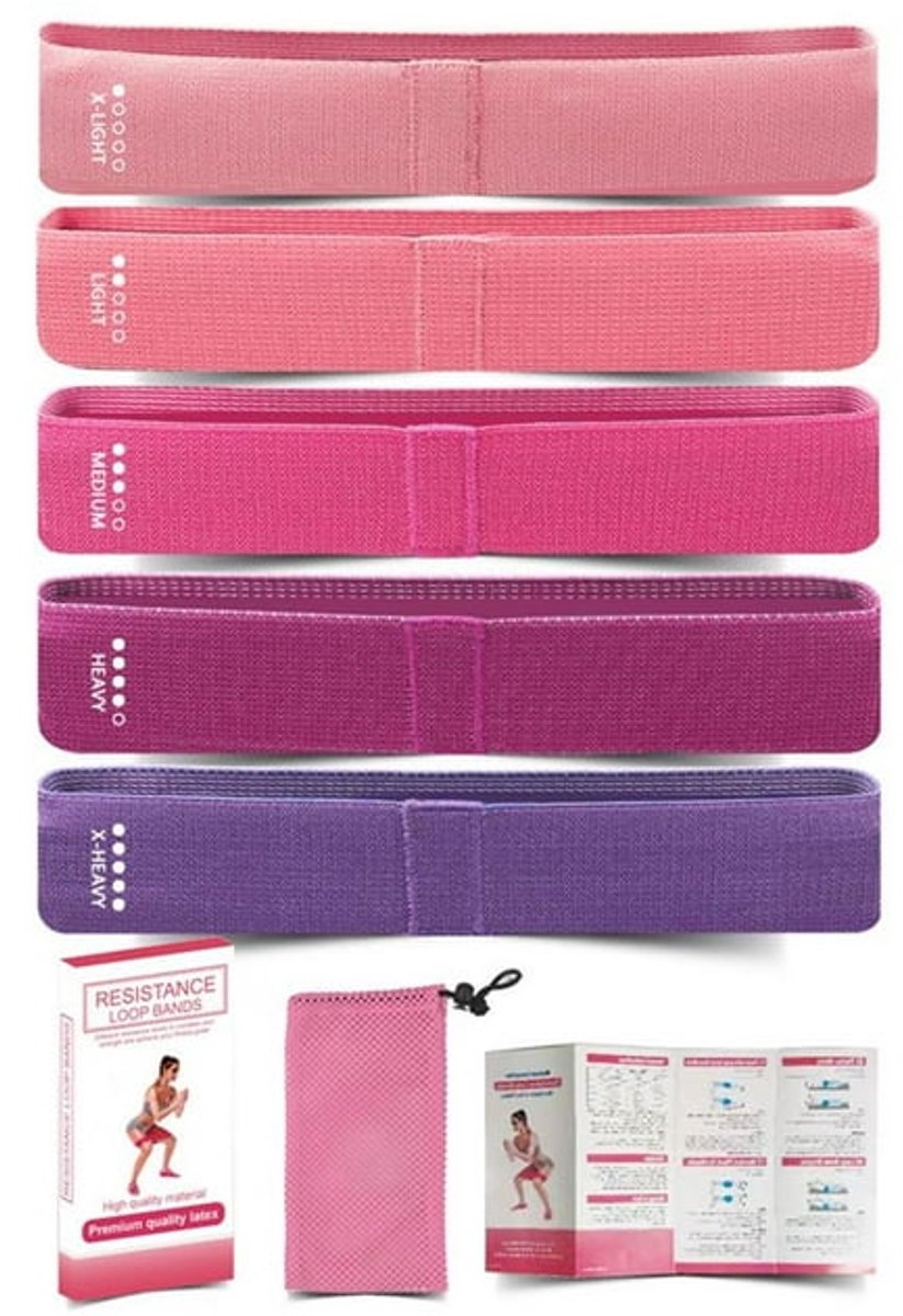Weerstandsbanden Set van 5 – Fitness Elastieken van Latex | Booty Bands voor Billen, Benen, Yoga & Krachttraining + Draagtas
