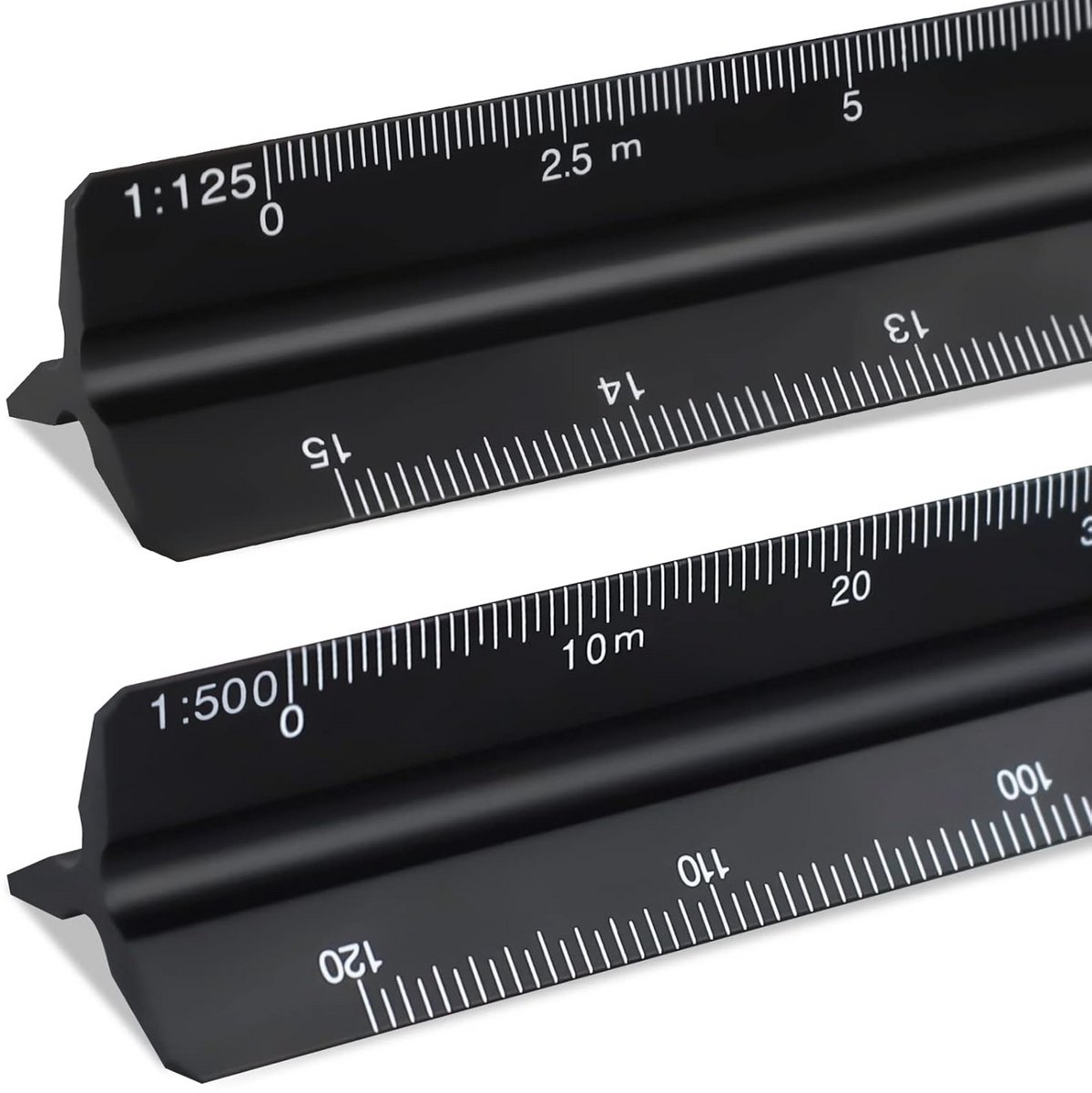 Driehoekige schaalliniaal 2 stuks aluminium 30 cm - 6 schalen 1:20 1:25 1:50 1:75 1:100 1:125/1:100 1:200 - geanodiseerd aluminium - voor architecten ingenieurs technici