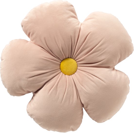 Lichtroze fluwelen kussen in de vorm van een bloem met een geel hart, opengewerkt.