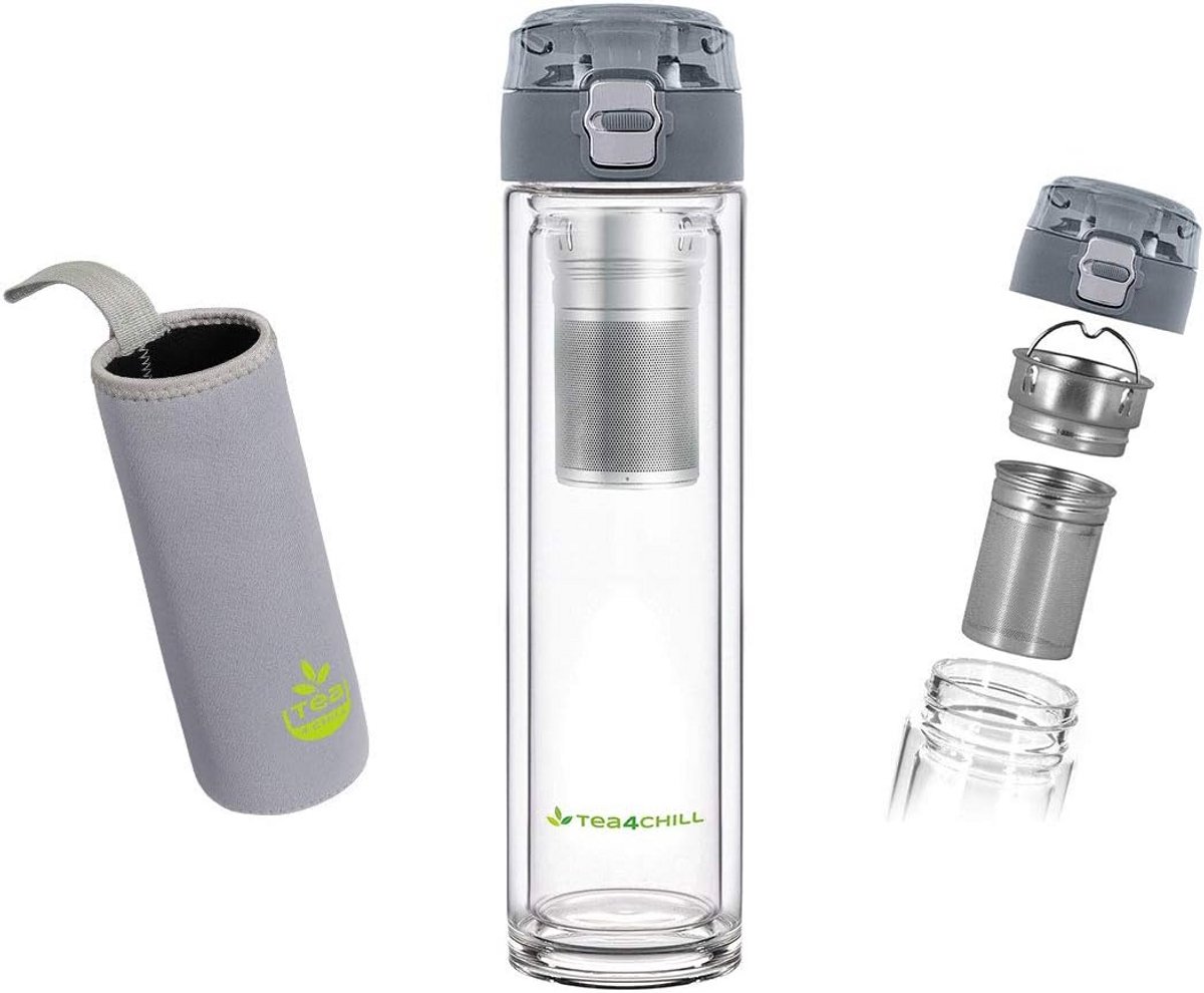 Theefles met zeef to go, dubbelwandig glas, neopreen hoes, antraciet