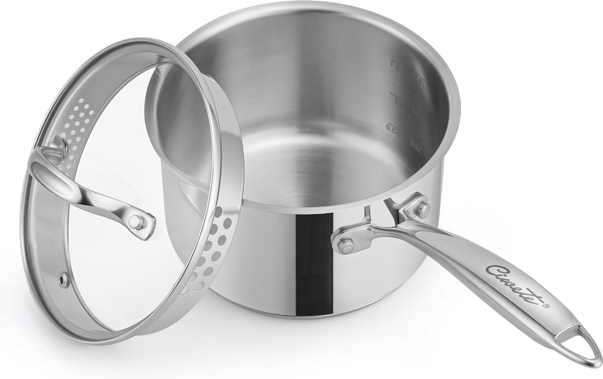 2 liter steelpan roestvrij staal met glazen deksel en zeef