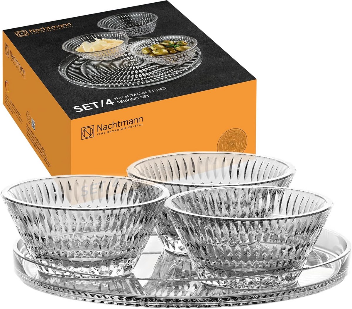 Set van 4 Kristallen Glazen Schalen en Bord - Vaatwasserbestendig