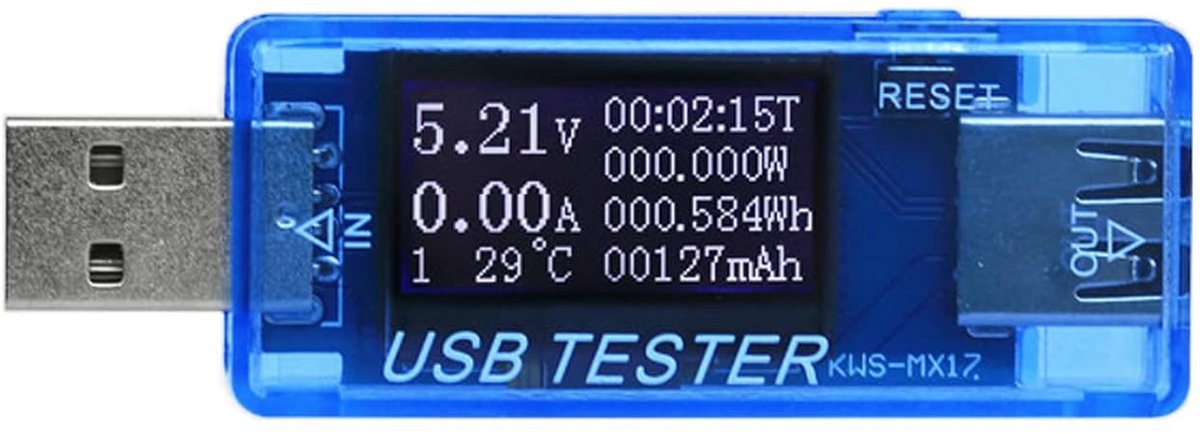 USB Spanningsmeter & Ampèremeter - Energieverbruik & Capaciteit Tester - Blauw