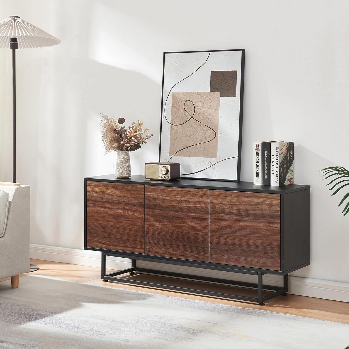 Stijlvol Dressoir met 3 Push-to-Open Deuren Walnoot en Zwart 120x30x55 cm