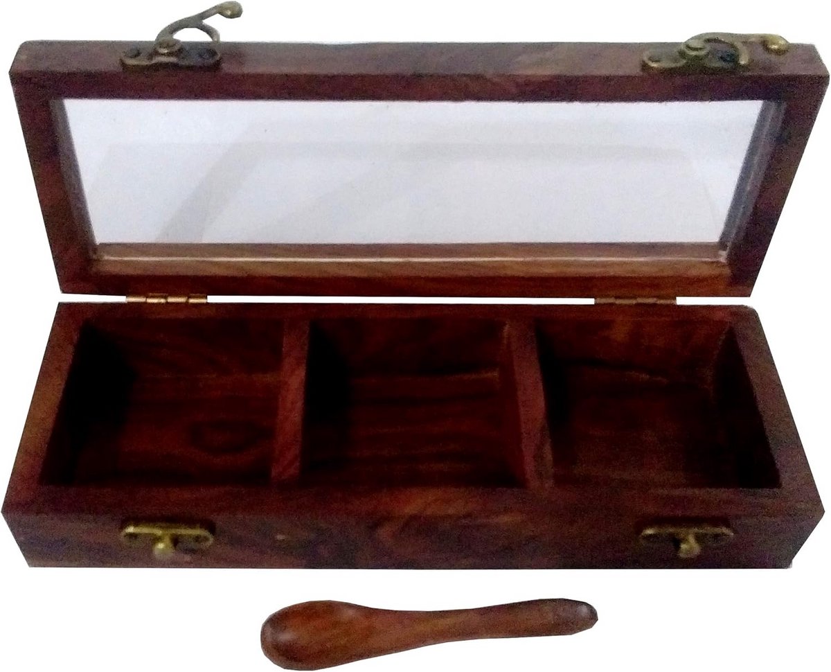 Houten Opbergdoos met 3 Vakken en Doorzichtig Deksel - Perfect voor Kruiden, Sieraden of Kleine Items
