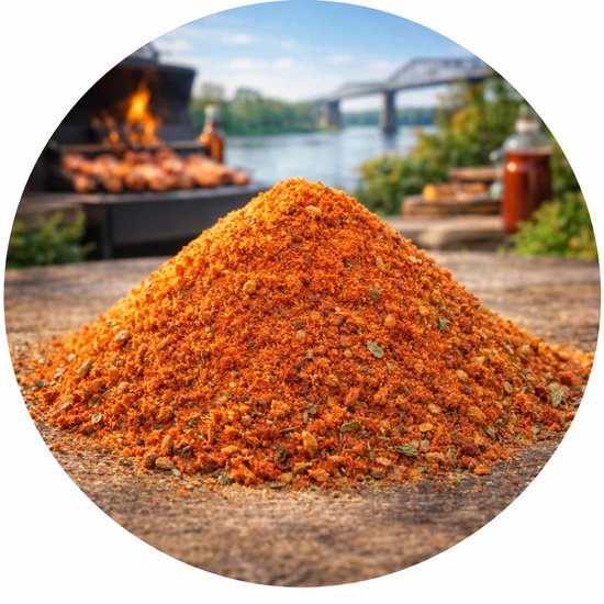 Cajun kruidenmix met paprika, chili en kruiden, op een tafel met een barbecue en rivier op de achtergrond.