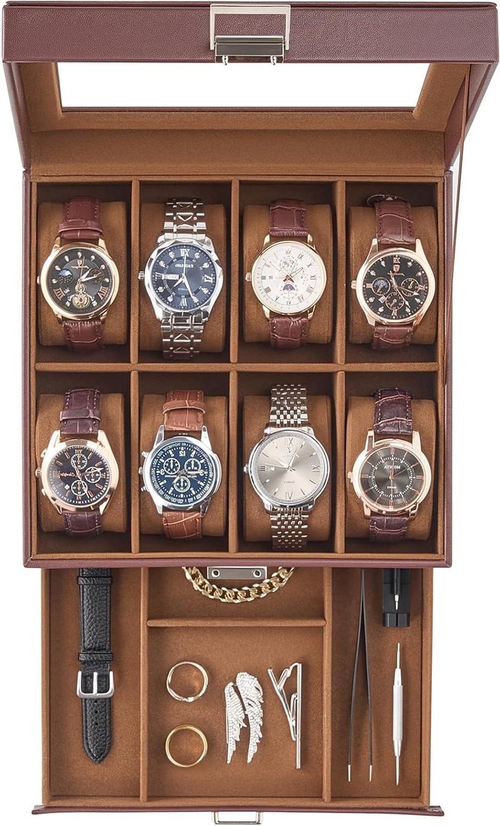 Horlogedoos met Glazen Deksel en Lade | 2-Laagse Horloges Weergavedoos voor Mannen en Vrouwen | Verjaardag Kerstcadeaus - 8-Sleuf