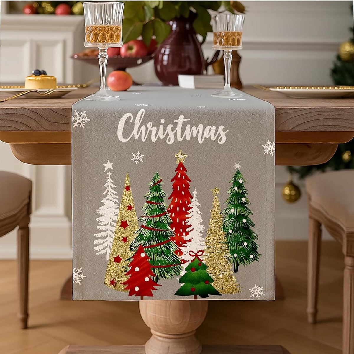 Feestelijke Tafelrunner Kerstboom Sneeuwvlokken Modern Tafeldecoratie 33 x 183 cm