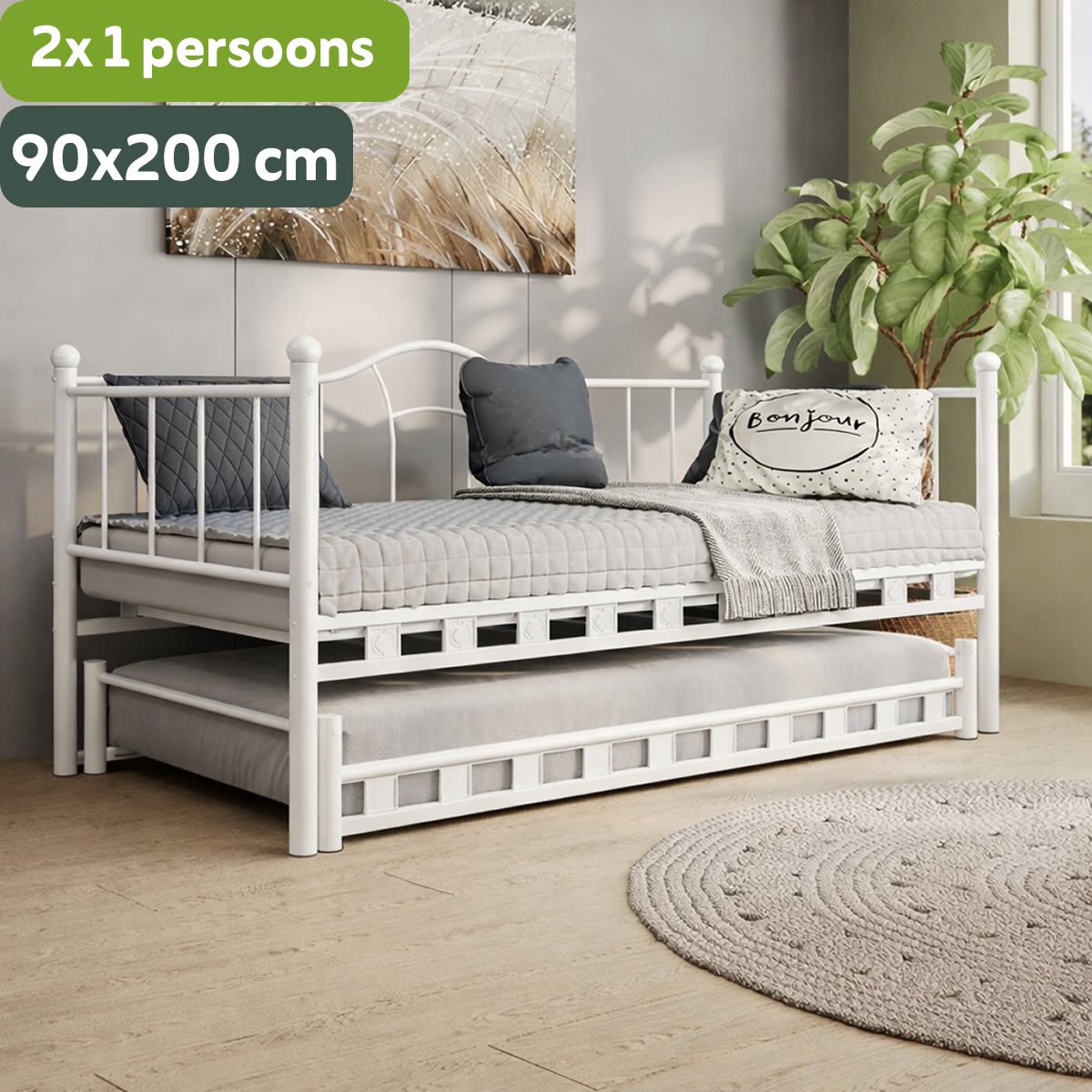 AirSleeperz® Metalen Slaapbank Lisa - 2x 90x200 cm - Met Uitschuifbed - 1,5 mm Staal - Wit - 2x 1-persoons
