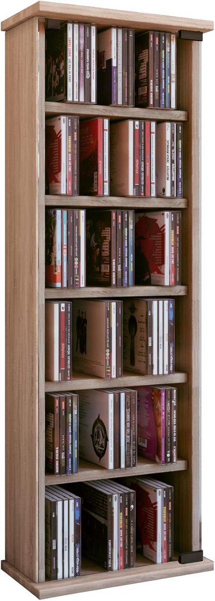 Houten CD DVD Opbergkast met Glazen Deur Sonoma Eiken Kleur