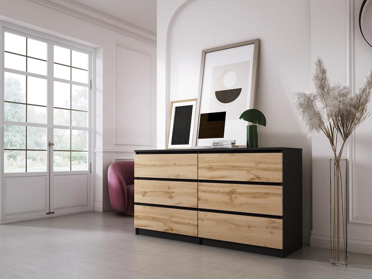 Commode met 6 lades – Moderne ladekast zwart met Wotan eiken – Dressoir opbergkast voor slaapkamer, woonkamer of hal – 140 x 79 x 39 cm – Pauwhome