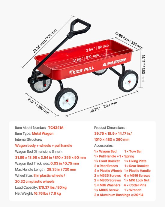 Trekkar voor kinderen, 101 cm kinderwagen, draagvermogen tot 80 kg, duurzame terreinwagen met verstelbare handgreep, ideaal voor tuinieren, stranduitstapjes, kamperen en meer, rood van Merkloos — afbeelding 4