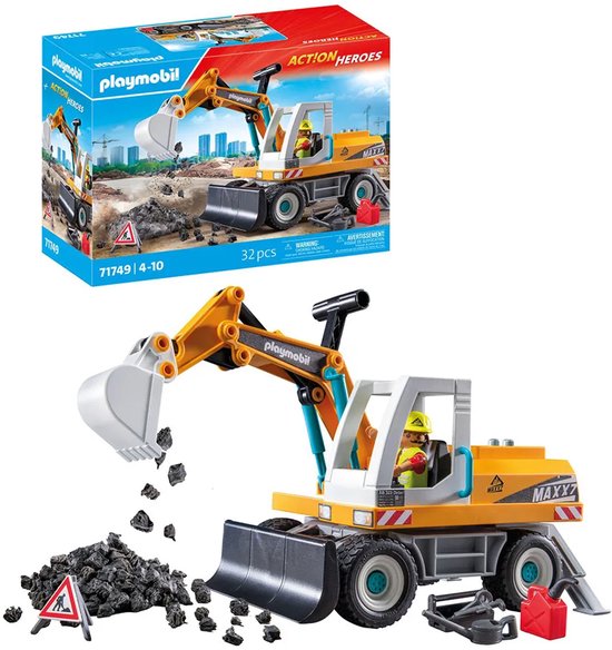 Gele Playmobil graafmachine, "MAXX" logo, met stenen en doos, bestuurder met gereedschap.