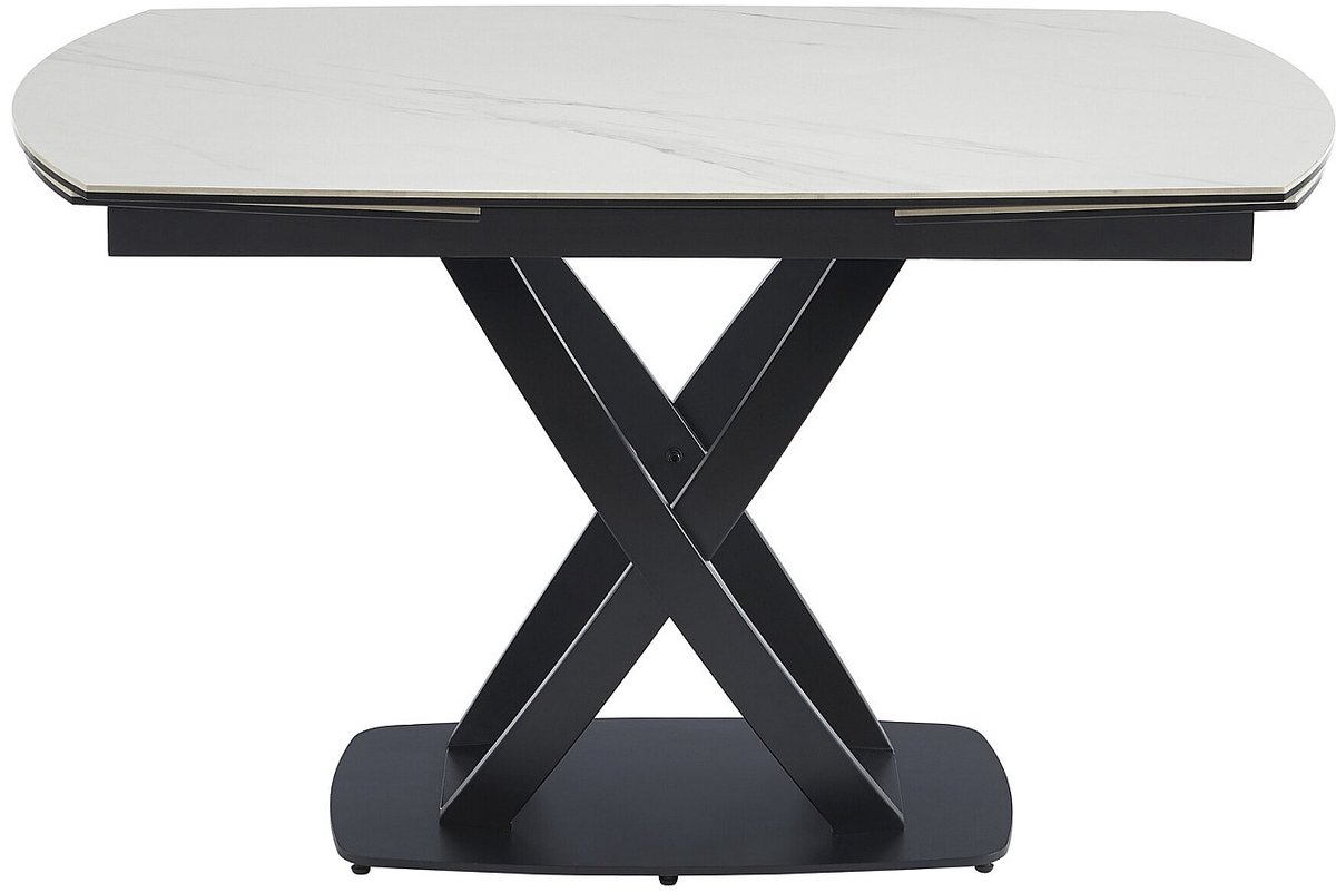 Vente-unique Uitschuifbare eettafel voor 4 tot 8 personen in keramiek, gehard glas en roestvrij staal - Witte marmereffect en zwart - LIOMELI van Maison Céphy