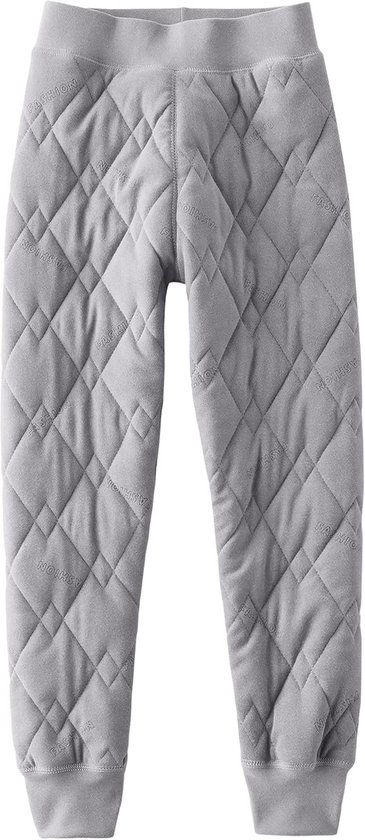 Grijze gewatteerde kinderlegging met diamantpatroon en subtiel ingeweven 'FASHION'-tekst.