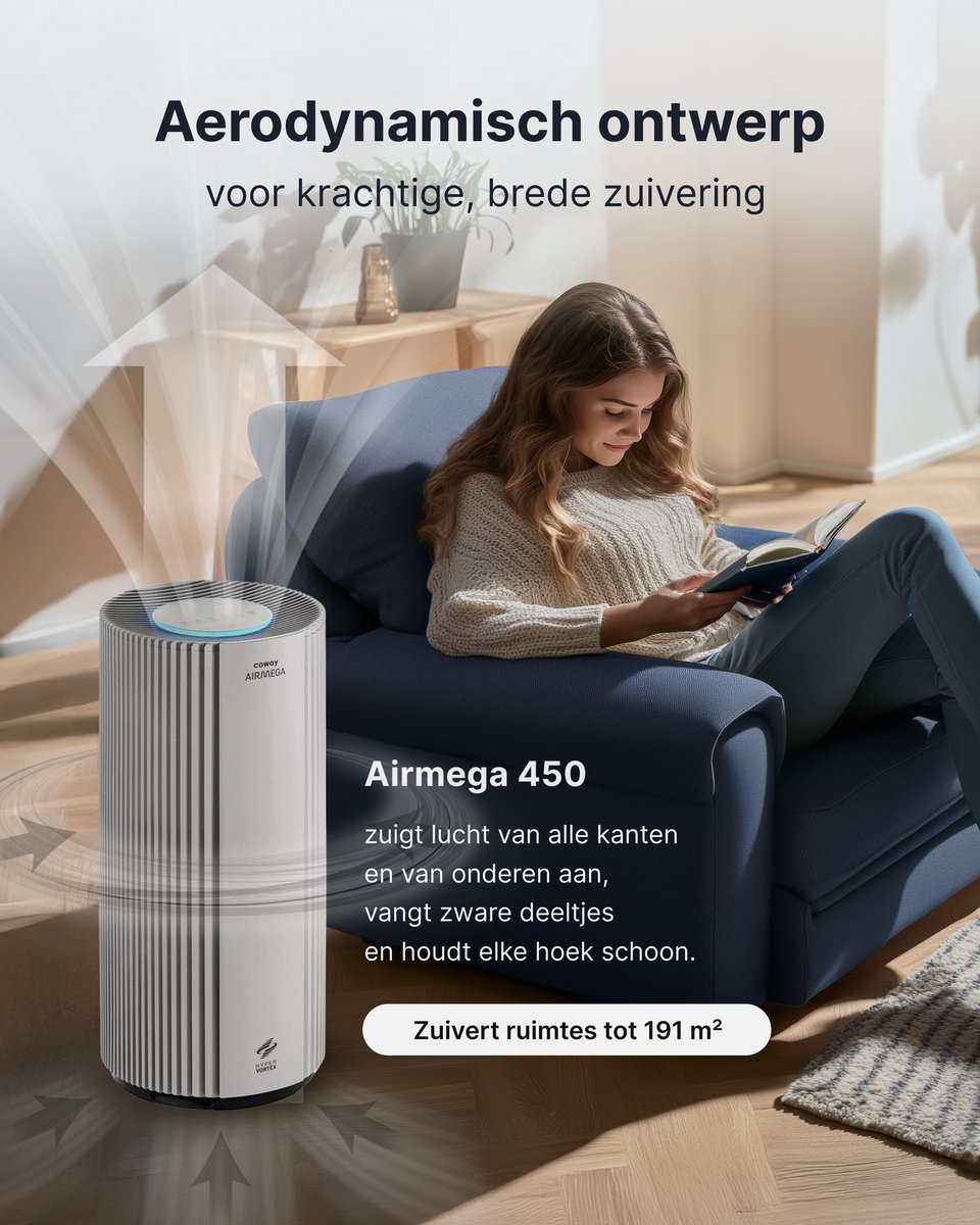 Coway Luchtreiniger – AIRMEGA 450 – met HEPA filter – Air Purifier – CADR 734 m³/u – voor grote ruimtes (tot 153 m²) – AQI-display (PM1/PM2.5/PM10) – energiebesparende modus – Wit — afbeelding 5