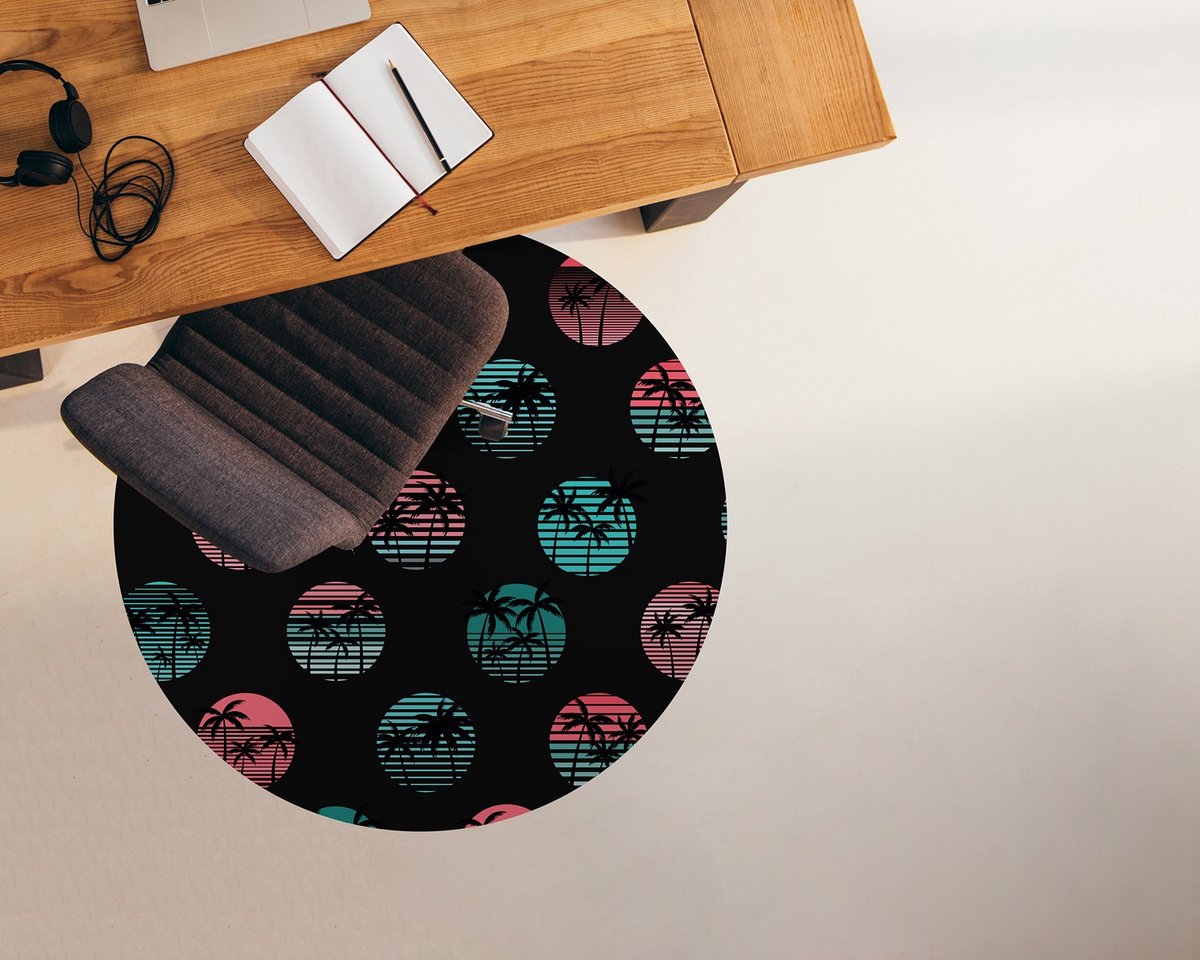 Coloray Vloerbeschermer - Retro palmbomen Stoel Mat - 100x100 cm - Zwart Vloerbeschermer Groot - Vloerbeschermer Bureaustoel Tapijt - Mótif Bureaustoelmat - Ronde Mat - Abstracties Thema