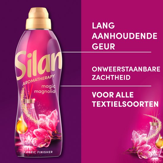 Bouteille d'adoucissant Silan Aromatherapy Magic Magnolia avec le texte : 'Parfum longue durée', 'Douceur irrésistible', 'Pour tous types de textiles'.