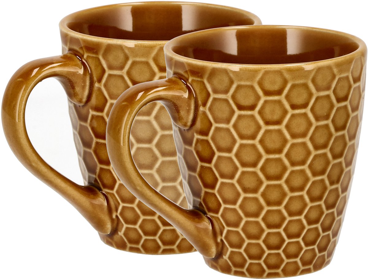 Koffiemokken Set van 2 – Keramische Koffiebekers 200ml met Oor – Aardewerk Koffiemokken & Theemokken – Kleine Mokken voor Koffie, Cappuccino & Espresso – Bruin Honingraat Design